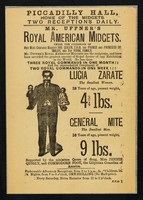 view [Leaflet advertising appearances by Frank Uffner's American Midgets: Lucia Zarate and General Mite at the Piccadilly Hall, London. Printed on white paper. 'Punch's mitey little joke' on the reverse].