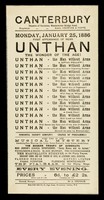 view [Leaflet advertising appearances by Herr Unthan, "the man without arms" at the Canterbury Theatre of Varieties, Westminster Bridge Road, London, 25 January 1886. Printed on white paper].