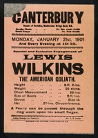 view [Leaflet advertising appearances by the 8' 2" Lewis Wilkins at the Canterbury Theatre of Varieties in London on Monday 21 January 1901].