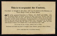 view [Reprint of a 1736 "small hand bill, in the British Museum"  about a boy and girl, conjoined twins, with 2 heads, 3 arms and 3 legs on display at the Rummer in Three Kings Court, Fleet Street, London].