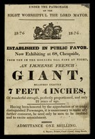 view Established in public favor : Now exhibiting at 68, Cheapside, from ten in the morning till nine at night, an immense French giant : measures exactly 7 feet 4 inches ...