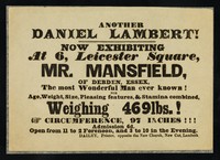 view Another Daniel Lambert! : now exhibiting at 6, Leicester Square, Mr. Mansfield, of Debden, Essex, the most wonderful man ever known ... weighing 469lbs.! Circumference, 97 inches!!!.