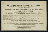 view Wonderful spotted boy : seventeen months old, from the Caribee Islands, in the West Indies : to be seen at no.42, Piccadilly, opposite St. James' Churc. He is the progeny of negroes, on whose body is a display of the wonderful works of God ...