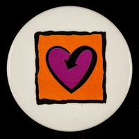 view Not suitable for children under 3 years of age - sharp point present : [Terrence Higgins Trust 'heart/arrow' symbol badge : purple heart on orange square].