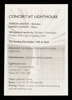 view Concert at Lighthouse : Martin Lindsay - baritone, Nancy Cooley - piano ... / London Lighthouse.