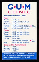 view G.U.M clinic : routine GUM clinics times ... clinics for HIV positive patients ...