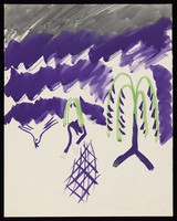 view A woman in despair standing by a weeping willow under a stormy sky. Watercolour by M. Bishop, 1969.