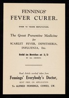 view Sore throats relieved with one dose : Fennings' Fever Curer or Fennings' Stomachic Mixture.