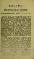 view Presidential address at the Epidemiological Society, delivered on November 5th, 1879 / by Joseph Fayrer.