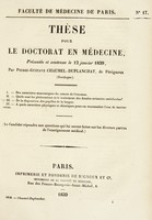 view Thèse pour le doctorat en médecine : présentée et soutenue le 12 janvier 1839, / par Pierre-Gustave Chaumel-Duplanchat, de Périgueux (Dordogne). I. Des caractères anatomiques du cancer de l'estomac ... [etc].