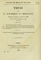 view Thèse pour le doctorat en médecine : présentée et soutenue le 24 février 1840, / par C.-F.-M. Rosier, de Nolay ... I. Des complications du cancer de la matrice. ... [etc].