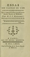 view Essai sur l'action de l'air dans les maladies contagieuses, : qui a remporté le prix proposé par la Société royale de médecine ; / par M. J.J. Menuret.