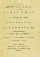 view Eight anatomical tables of the human body; containing the principal parts of the skeleton and muscles represented in the large tables of Albinus. To which are added concise explanations / By John Innes.