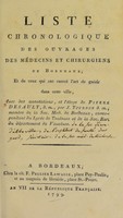 view Liste chronologique des ouvrages des médecins et chirurgiens de Bordeaux : et de ceux qui ont exercé l'art de guérir dans cette ville, avec des annotations, et l'éloge de Pierre Desault, d.m / par J. Tournon.