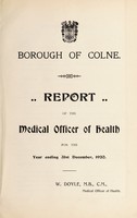 view [Report 1920] / Medical Officer of Health, Colne U.D.C. / Borough.