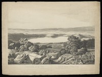 view Lago Albano and Castel Gandolfo seen from the top of Monte Cavo. Aquatint by M. Dubourg, 1811, after J.J. Middleton, 1809.