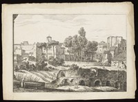 view The Esquiline hill, Rome, seen from the Colosseum. Etching by B. Pinelli, 1825.