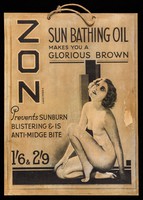 view Zon sun bathing oil makes you a glorious brown : prevents sunburn blistering & is anti-midge bite : 1/6 & 2/9.