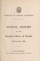 view [Report 1920] / Medical Officer of Health, Sutton Coldfield Borough.