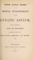 view Ninth annual report of the medical superintendent of the lunatic asylum, for the counties of Salop and Montgomery, and for the boroughs of Much Wenlock, Shrewsbury, and Oswestry. 1853 / [Salop and Montgomeryshire Counties Lunatic Asylum].