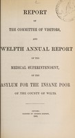 view Report of the Committee of Visitors, and twelfth annual report of the medical superintendent, of the asylum for the insane poor of the County of Wilts / Wiltshire County Lunatic Asylum.