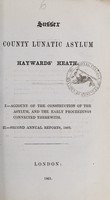 view I. Account of the construction of the asylum, and the early proceedings connected therewith : II. Second annual report / Sussex County Lunatic Asylum, Haywards' Heath.