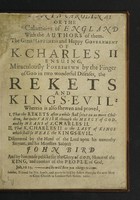 view Ostenta Carolina: or the calamities of England with the authors of them. The great happiness and happy government of K. Charles II ensuing, miraculously foreshewn by the finger of God in two wonderful diseases, the rekets and Kings-evil. Wherein is also shewen and proved, I. That the rekets ... shall ... quite vanish through the mercy of Gold, and by means of K. Charles II. II. That K. Charles II is the last of Kings which shall so heal the Kings-evil / [John Bird].