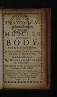 view Myskotomia: or, the anatomical administration of all the muscles of an humane body, as they arise in dissection. As also an analitical table, reducing each muscle to his use and part ... / [William Molins].
