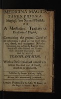 view Medicina magica tamen physica: = magical, but natural physick. Or A methodical tractate of diastatical physick. : Containing the general cures of all infirmities: and of the most radical, fixed, and malignant diseases belonging, not only to the body of man, but to all other animal and domestick creatures whatsoever, and that by way of transplantation. With a description of a most excellent cordial out of gold, much to be estimated. / Published by Samuel Boulton, Salop.