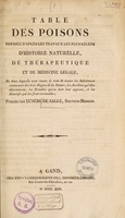 view Table des poisons dressée daprès les travaux les plus récens d'histoire naturelle, de thérapeutique et de médecine légale, et dans laquelle sont réunis le nom de toutes les substances vénéneuses des trois règnes de la nature, les accidens qu'elles déterminent, les remèdes qu'on doit leur opposer, et les réactifs qui les font reconnaître / [Eusèbe François Desalle].