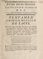 view Tentamen chimico-medicum de lacte / Quod ... tueri conabitur ... Josephus-Amatus-Ambrosius Brunetiere Desrochettes.... Pro Baccalaureatus gradu assequendo.