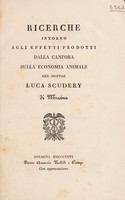 view Ricerche intorno agli effetti prodotti dalla canfora sulla economia animale / [Luca Scudery].