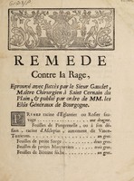 view Remede contre la rage : eprouvé avec succès par le sieur Gaudet, maître chirurgien à Saint Cernain du Plain, & publié par ordre de MM. les Elûs Généraux de Bourgogne.