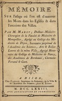 view Mémoire sur l'usage où l'on est d'enterrer les morts dans les eglises et dans l'enceinte des villes / [Hugues Maret].