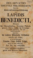 view Delarvatio tincturae philosophorum, das ist: kurtze und einfältige Erklährung des lapidis Benedicti. Worinnen die hieroglyphica Nomina Philosophorum obscura, welche die Philosophi aenigmatisch beschrieben, klar und deutlich gemachet / durch einen der wahren Philosophie Liebhabern entdecket und erkläret, der in der Wahrheit genuine Feuer-Arbeit liebet, und da es wohl heissen mag: Aut hic, aut nusquam. [Anon].