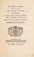 view Discorsi due accademici sopra le fasce de' bambini : dati in luce in occasione del felice nascimento del conte Stefano primogenito della nobilissima famiglia Sanvitale.