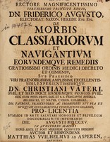 view Rectore magnificentissimo serenissimo principe regio ... De morbis classiariorum et navigantium eorundemque remediis ... : sub praesidio ... Christiani Vateri ... pro-licentia summos in arte salutari honores et privilegia doctoralia rite impetrandi ... / auctor et respondens Matthias VVilhelmus ab Asperen, Havniens.