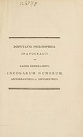 view Disputatio philosphica inauguralis, de causis generalibus, incolarum numerum, accelerantibus et impedientibus / [Robert J. Baumgartner].