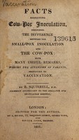 view Facts respecting cow-pox inoculation : describing the difference between the small-pox inoculation and the cow-pox - with many useful remarks, worthy the attention of parents, previously to vaccination / by R[obert] Squirrel, M.D.