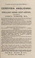 view Cerevisia anglicana, or, English herb diet-drink : discovered by Joshua Webster, M.D / Edwd. Slee & Co.