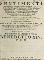 view Sentimenti di Sua Santità ... Benedetto XIV, di Sua Maestà Imperiale de' Romani, de' Re della Gran Bretagna ... e molti altri sovrani ... in testimonianza delle felici intraprese del Cavaliere Giovanni di Taylor ... / [John Taylor].