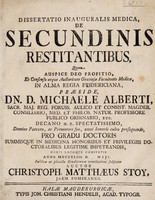 view Dissertatio inauguralis medica de secundinis restitantibus / [Christoph Matthäus Stoy].