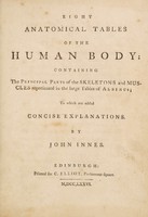 view Eight anatomical tables of the human body; containing the principal parts of the skeletons and muscles represented in the large tables of Albinus; to which are added concise explanations / [John Innes].