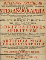 view Johannis Trithemii primo Spanheimensis deinde divi Jacobi Peapolitani abbatis Steganographia qvæ hvcvsqve a nemine intellecta, sed passim vt svpposititia, perniciosa, magica et necromantica, reiecta, elvsa, damnata et sententiam inqvisitionis passa; nvnc tandem vindicata, reserata et illvstrata vbi post vindicias Trithemii clarissime explicantvr conjvrationes spiritvvm ... Deinde solvvntvr et exhibentvr artificia nova steganographica a Trithemio in literis ad Arnoldvm Bostivm et Polygraphia promissa, in hvnc diem a nemine capta, sed pro paradoxis et impossibilibvs habita et svmme desiderata / Avtore Wolfgango Ernesto Heidel Wormatiense. [Vita J. Trithemii].