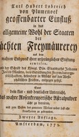 view Carl Hubert Lobreich von Plumenoek [pseud.] Geoffenbarter Einfluss in das allgemeine Wohl der Staaten der ächten Freymäurerey aus dem wahren Endzweck ihrer ursprünglichen Stiftung erwiesen, und der Schrift des Königl. Dän. Etaatsraths Johann Jacob Mosers, von Geduldung der Freymäurergesellschaften, besonders in Absicht auf den Westphälischen Frieden, entgegen gesezt. Samt dem klar-und deutlichen Unterricht, das wahre Rosenkreutzerische Astralpulver ächt zu bereiten, und zum besten des gemeinen Wesens wider fast alle Krankheiten zu gebrauchen / [Bernhard Joseph Schleis von Loewenfeld].