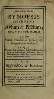 view Joannis Raii Synopsis methodica avium et piscium; opus posthumum, quod vivus recensuit et perfecit ipse ... / author. [Ed. by W. Derham].