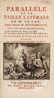 view Parallele de la taille latérale de Mr. le Cat, avec celle du lithotome-caché. Suivi de deux dissertations, I. Sur l'adhérence des pierres à la vessie. II. Sur quelques nouveaux moyens de briser la pierre ... / Publié par A.P. Nahuys.