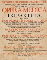 view Gregorii Theodori Bartholdi ... Opera medica tripartita. Quorum pars prima theoretica. Anatomico-physiologicam corporis humani descriptionem exhibet ... Pars secunda practica. Praxin clinicam generalem et exemplarem. Pars tertia chirurgica. Morborum externorum historiam et curationem ... complectitur / ... Collecta ... opera et studio Johannis Jacobi Rosenstengelii.