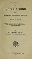 view Statistics of innoculations with Haffkine's anti-plague vaccine 1897-1900 : compiled from records in the Plague Department of the Secretariat and the Plague Research Laboratory, Bombay / by W.B. Bannerman.