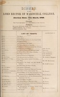 view Dinner to the Lord Rector of Marischal College. Aberdeen Hotel, 24th March, 1848 ... List of toasts.